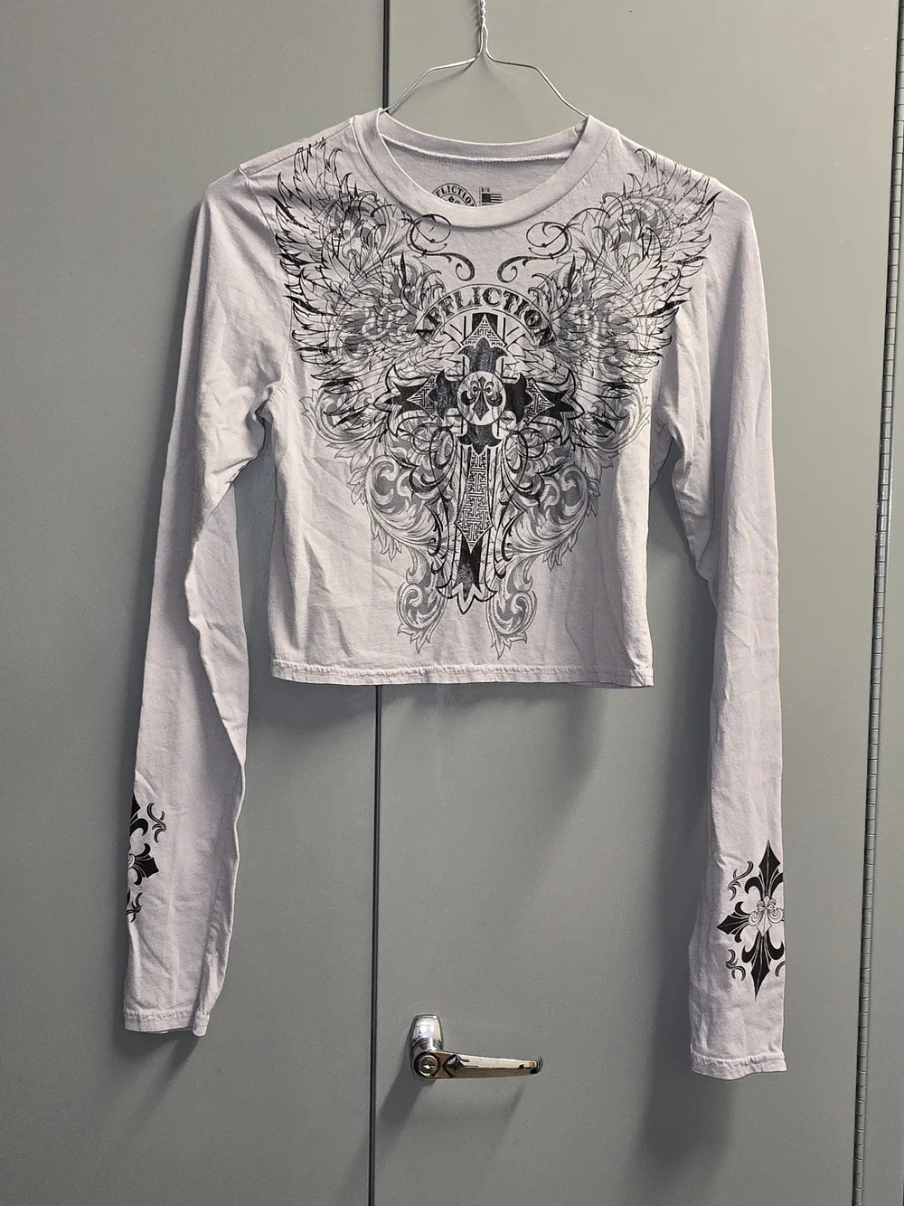 White Cropped Long-Sleeve Graphic Top with Winged Crest